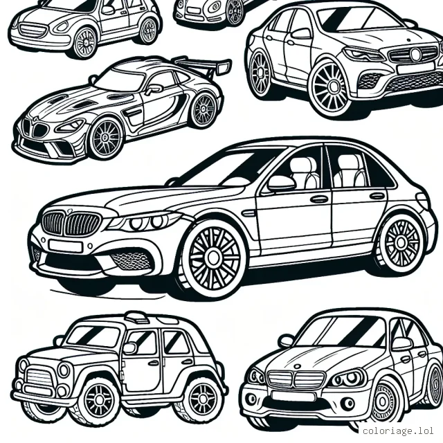 Voici une série de voitures par marque pour toi à colorier. Tu trouveras des modèles de Renault, Peugeot, Citroën, Mercedes, BMW et bien d'autres. N'oublie pas, il n'y a pas de règles ! La carrosserie, les roues, le pare-brise... Tu peux tout colorier de la couleur que tu veux !