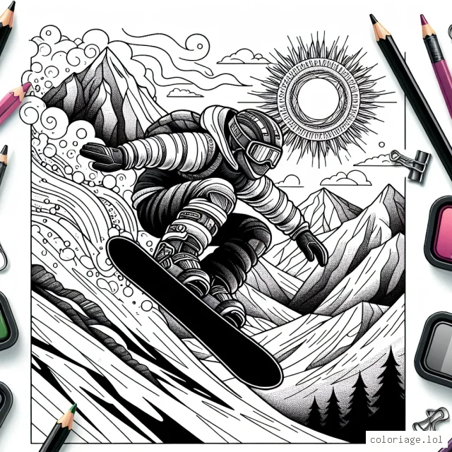 Sur cette page vous pouvez voir un snowboardeur dévaler une pente escarpée. Il franchit un saut impressionnant avec en arrière-plan, les hautes montagnes enneigées. Le soleil se couche, teintant le ciel de différentes nuances que vous pouvez colorer à votre goût. Aussi, des dessins de équipements de sports extrêmes sont répartis sur la page, comme un casque, une planche et des lunettes de protection.