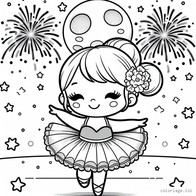 Une petite fille dansante en tutu à la lueur de la lune avec des feux d'artifice flamboyants en arrière-plan