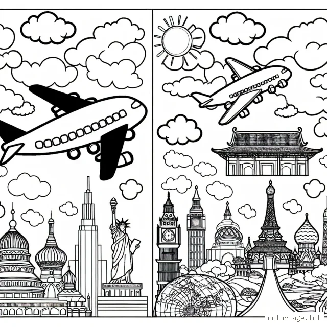 Un avion vole dans le ciel nuageux en passant au-dessus de divers paysages connus dans le monde. Colorie l'avion et le fond selon ton imagination.