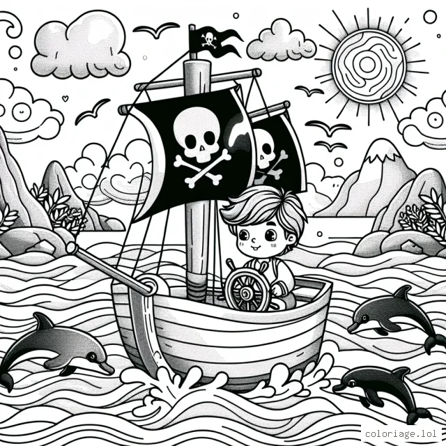 Un petit garçon courageux navigue sur une mer agitée dans son bateau pirate. Il tient fermement le gouvernail tout en scrutant l'horizon où apparaissent des îles mystérieuses avec des trésors cachés. Autour du bateau, des dauphins jouent et des mouettes volent. Le ciel est riche des couleurs du coucher du soleil.