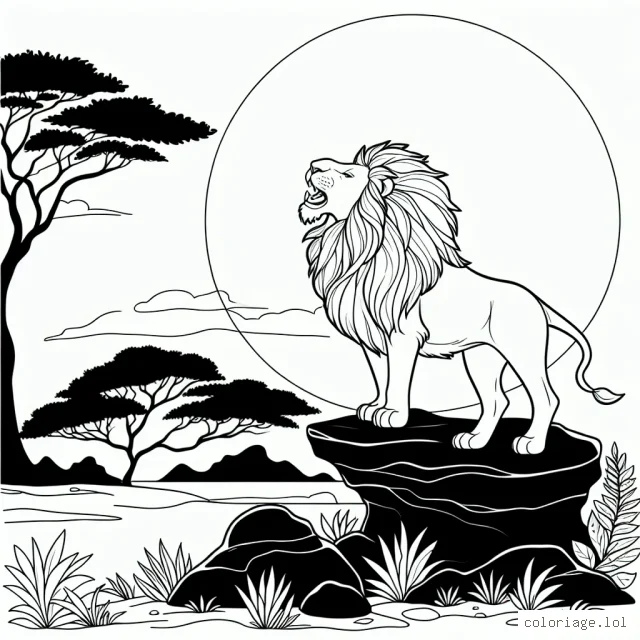 Un lion majestueux rugissant sur un promontoire rocheux sous un coucher de soleil africain.