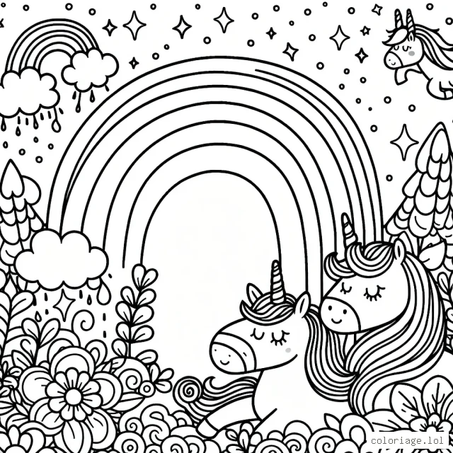Un arc-en-ciel magique avec des licornes dans un jardin enchanté
