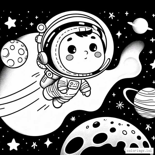 Un jeune astronaute flotte avec curiosité autour de la lune, observant les étoiles brillantes et les planètes lointaines.