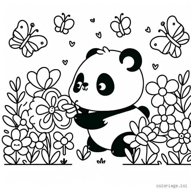 Un petit panda qui joue avec des papillons dans un jardin fleuri