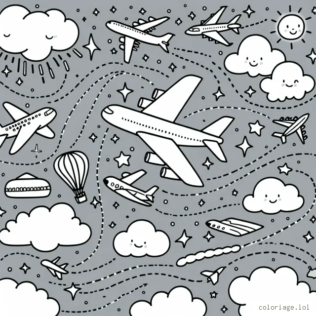 Sur une grande page blanche, dessine un ciel pétillant de couleur où de nombreux avions virevoltent. Il y a de tout : des avions de ligne, des jets, des avions à hélices et même un dirigeable. Chacun d'eux est constitué de formes simples pour facilité le coloriage. N'oublie pas les nuages vaporeux et le soleil souriant dans le coin.
