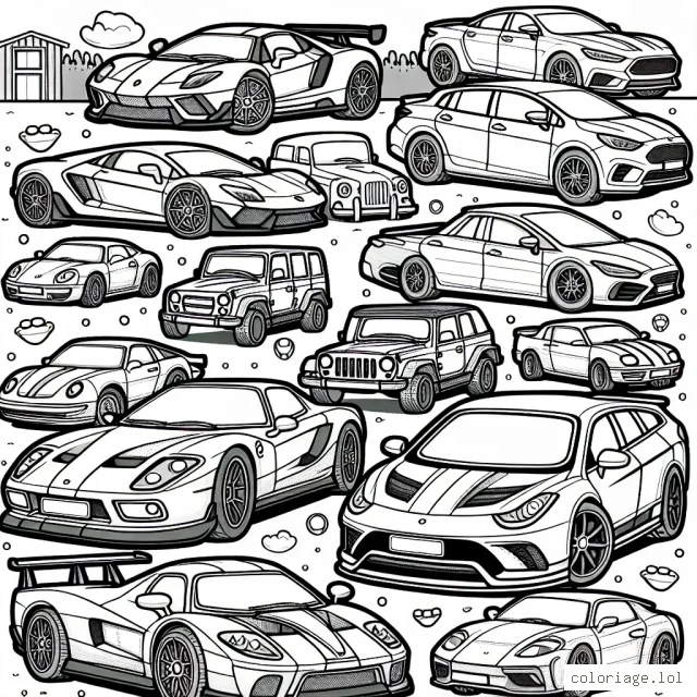 Des voitures de différentes marques sont garées dans un parking en plein air. Chacune est unique dans sa forme et son design. Il y a des voitures de sport, des berlines, des utilitaires et des voitures électriques. Manque seulement une touche de couleur pour donner vie à cette scène.