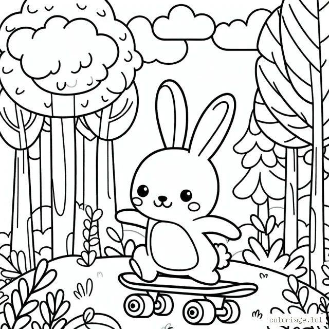 Le petit lapin sur son skateboard dans la forêt enchantée