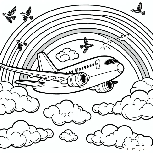 Un avion volant haut dans le ciel dégagé, traversant les nuages. Des oiseaux volent à proximité. Au loin, un arc-en-ciel ajoute une explosion de couleurs. Le plan de l'avion doit être assez détaillé pour permettre le coloriage des différents éléments tel que les ailettes, les réacteurs, la carlingue etc.