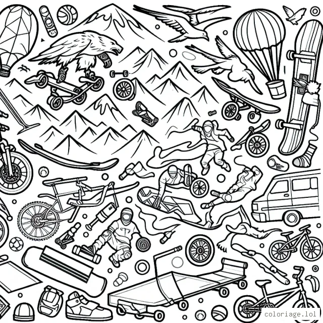 Sketch spectaculaire de sports extrêmes à colorier