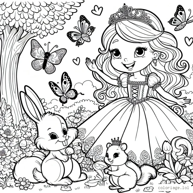 Dessine une princesse souriant dans son jardin enchanteur, entourée de ses fidèles animaux amis, un lapin, un écureuil et un papillon.