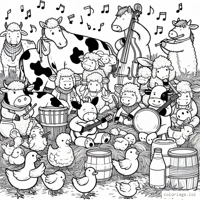 Un groupe d'animaux de la ferme organisant un concert