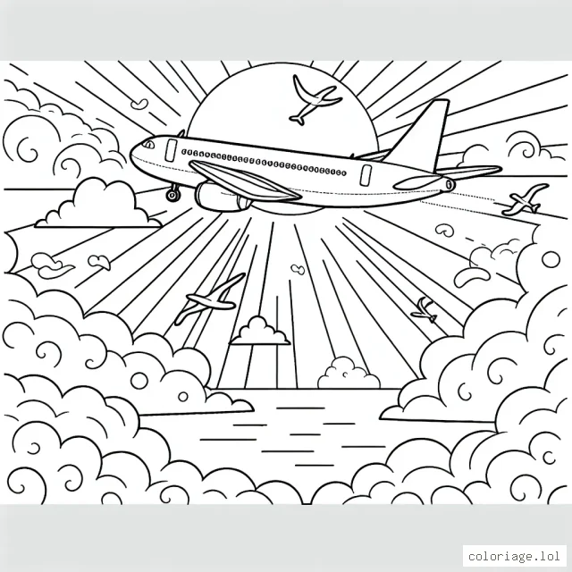 Imagine une scène d'un avion en pleine envolée au-dessus des nuages, avec un ciel d'un bleu profond rempli d'oiseaux et un soleil radieux.