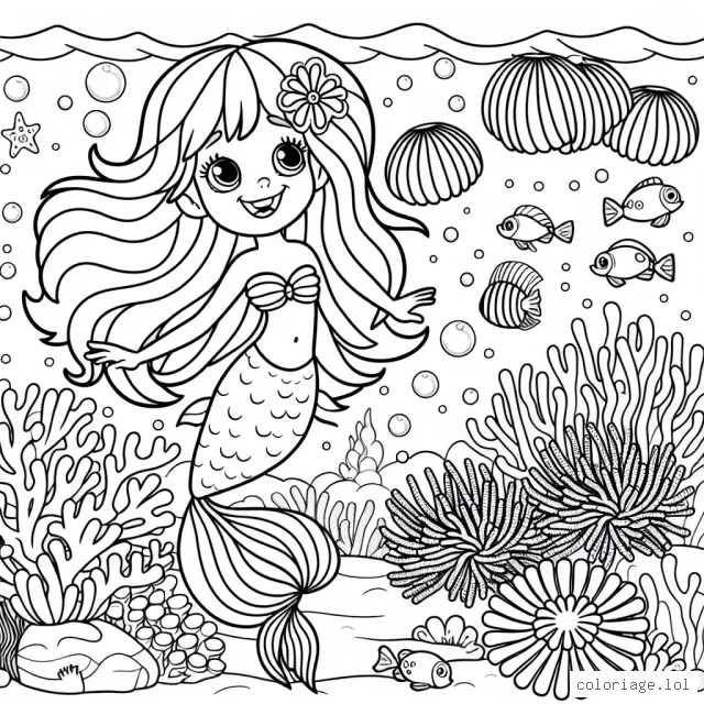 Dans un monde merveilleux au fond de l'océan, une petite sirène joue joyeusement avec ses amis les poissons colorés. Autour d'eux se trouve un beau récif corallien couvert d'anémones chatoyantes.