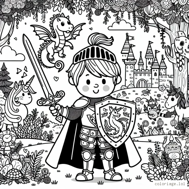 Un petit garçon vêtu d'un costume de chevalier, tenant un bouclier orné d'un dragon et une épée, est prêt pour l'aventure. Il est entouré d'une forêt enchantée peuplée de créatures magiques comme des fées, des licornes et des gnomes. Le château du roi est visible à l'horizon.