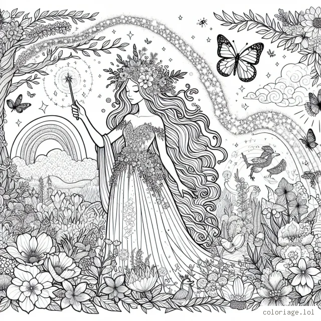 Imagines une magicienne des fleurs en plein milieu d'un jardin magique rempli de toutes sortes de plantes, arbres et animaux fantastiques. Elle a une baguette magique avec des paillettes qui virevoltent autour de sa tête. Ses cheveux sont longs et sont embellis par des fleurs de différentes espèces. Elle porte une robe longue qui ressemble à un pétale de fleur. Tout autour d'elle, il y a des papillons, des abeilles et des oiseaux qui chantent et volent. Des arcs-en-ciel et des lucioles apportent des touches de lumière dans ce paysage enchanteur.