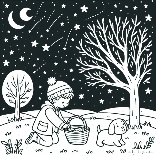 Un petit garçon dans son jardin en train de jouer avec son chien sous un ciel étoilé