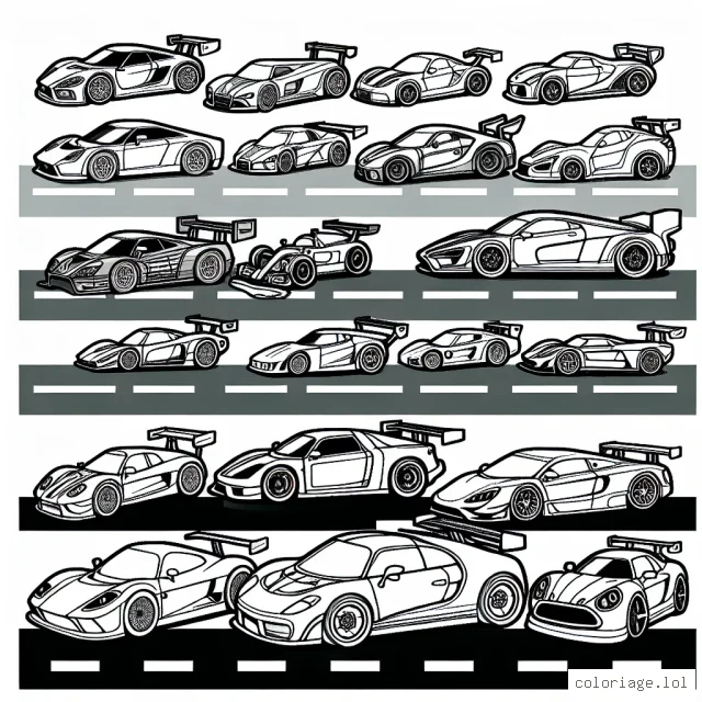 Des voitures de différentes marques sont alignées sur une piste de course, prêtes à démarrer. Il y a des voitures de BMW, Ferrari, Mercedes, Audi et Bugatti, chacune avec sa propre forme et style uniques.