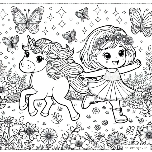 Imaginez Julie, une courageuse petite fille, gambadant joyeusement dans une prairie fleurie avec sa licorne magique. Autour d'elle, des papillons aux ailes scintillantes voletaient ici et là.