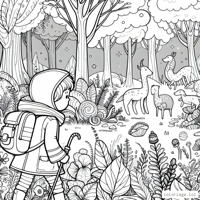 Un jeune explorateur traverse une forêt enchantée pleine de créatures fantastiques.