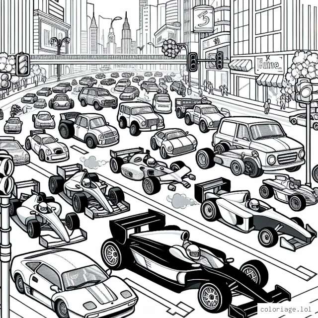 Imaginer une course folle d'automobiles colorées dans les rues animées d'une ville. Parmi les voitures, ajoutez des modèles classiques, des formules 1, des voitures de sport et même des voitures du futur. N'oubliez pas les détails pour chaque voiture, comme leurs logos, leurs roues, et même leurs conducteurs ! Assurez-vous que la scène soit pleine d'activité avec beaucoup de bâtiments, de panneaux de signalisation et de feux tricolores.