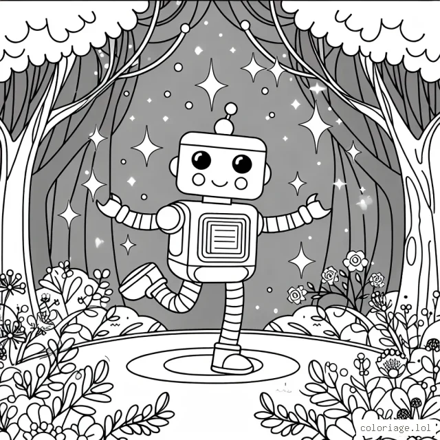 Dessine un robot qui danse dans une forêt magique avec des fleurs brillantes