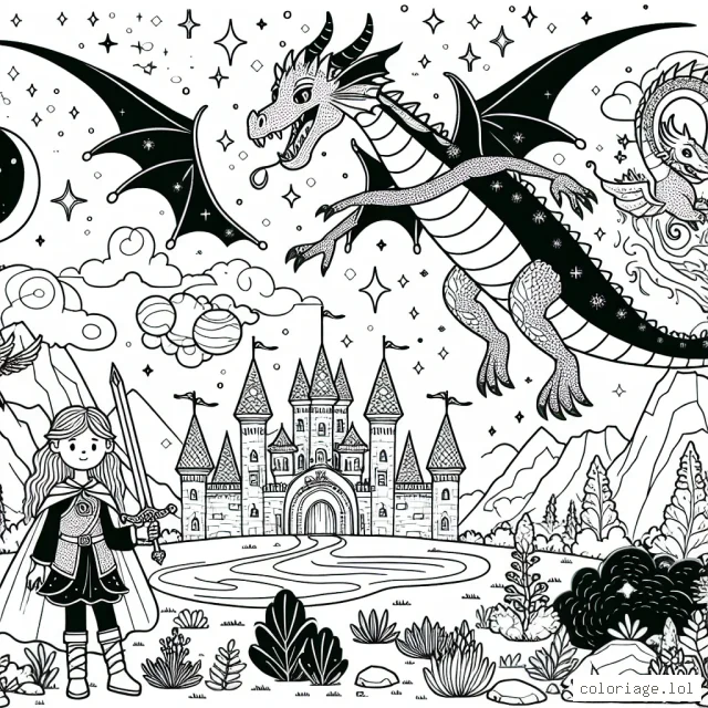 Un univers magique avec un dragon gentil, une princesse guerrière et un château enchanté sur une planète lointaine