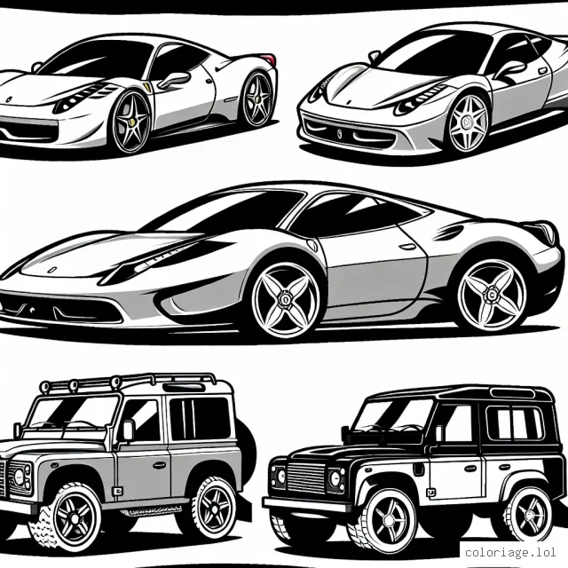 Dessine une série de voitures allant de la elegante sportive Ferrari à la robuste voiture tout-terrain SUV de Land Rover. Ajoute une touche de couleur unique à chaque modèle de voiture pour les faire ressortir !