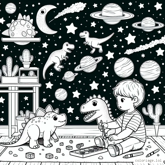 Un petit garçon joue avec ses jouets favoris, les dinosaures, dans sa chambre remplie de merveilles galactiques, d'étoiles et de planètes.