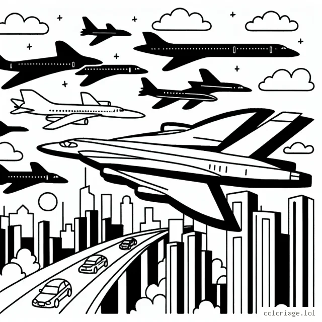 Un cortège d'avions survolant la ville, dirigé par le majestueux Concorde.