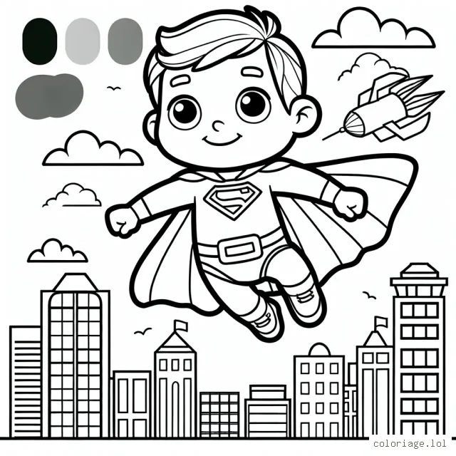 Un petit garçon en costume de super héros volant au-dessus des toits de la ville