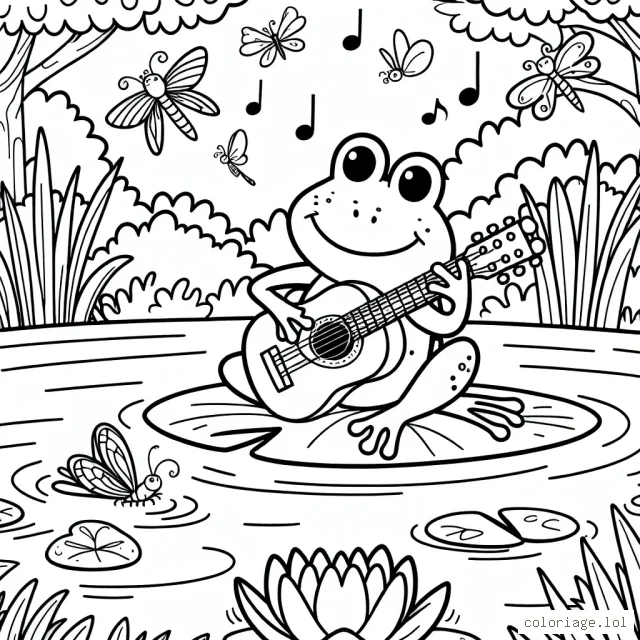 Une grenouille joue de la guitare assise sur un nénuphar dans une mare entourée de libellules et de papillons.