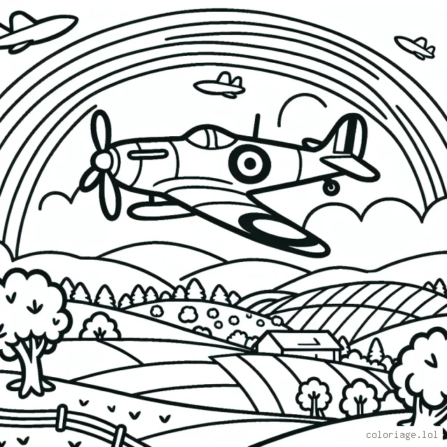 Un avion de chasse survolant la campagne riche en flore avec un arc-en-ciel en arrière-plan