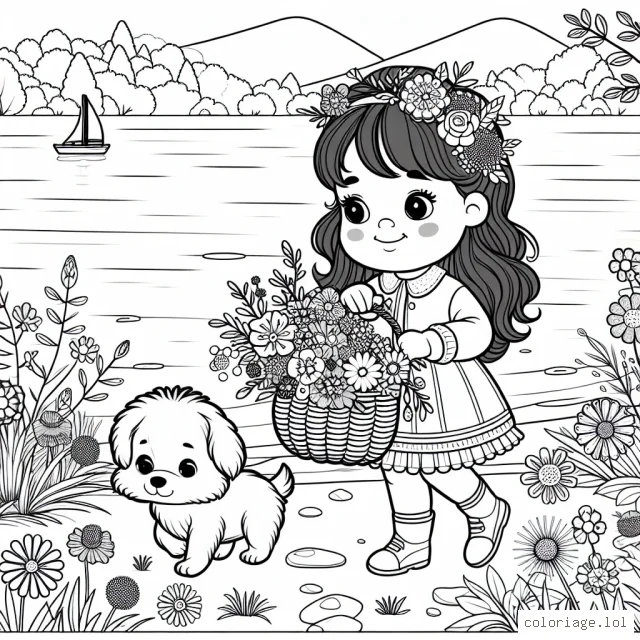 Une petite fille aimante de la nature fait une promenade matinale au bord d'un lac éclatant, avec son adorable petit chien et un panier pour recueillir des fleurs sauvages merveilleusement variées et colorées.