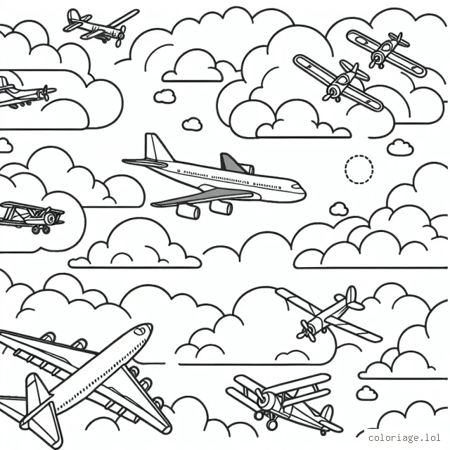 Scénario aérien avec divers avions volant dans le ciel parsemé de nuages