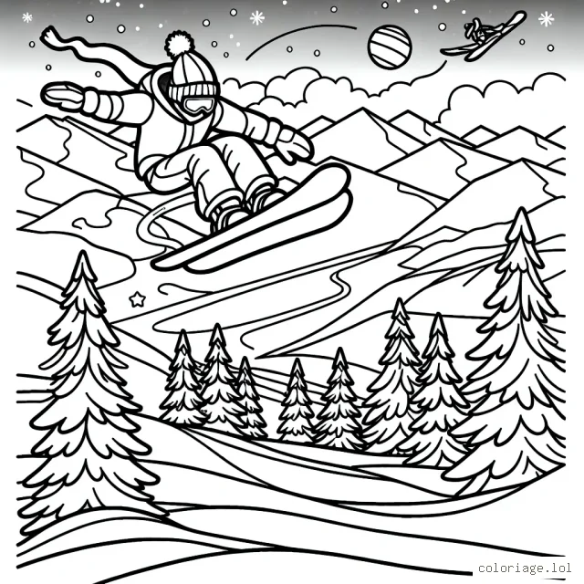 Dessine un snowboarder qui fait un saut spectaculaire dans les montagnes enneigées avec un ciel bleu en arrière-plan