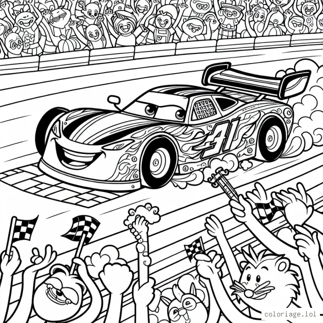 Dessine une scène haute en couleur où une voiture de course flamboyante se lance dans une aventure passionnante sur une piste de course animée. N'oublie pas l'ensemble diversifié d'animaux qui l'encourage de la foule!