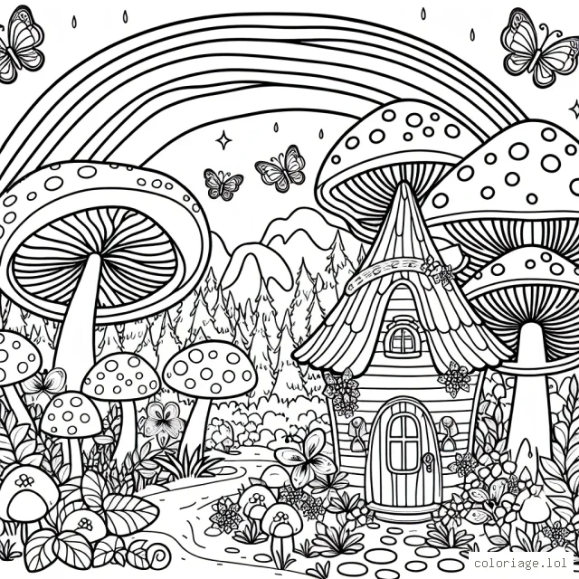 Une maison de fées dans une vallée de champignons gigantesques, avec un arc-en-ciel et des papillons colorés.