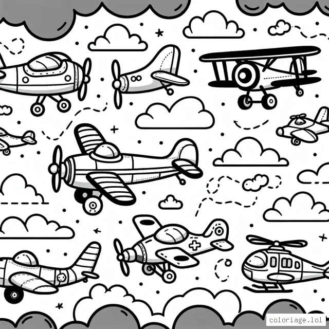 Dans ce dessin prêt à être coloré, vous trouvez une flotte amusante d'avions en plein vol. De la jolie biplan rouge au jet futuriste, en passant par l'hélicoptère de secours, tous sont ici pour stimuler votre imagination pendant que vous peignez le ciel.