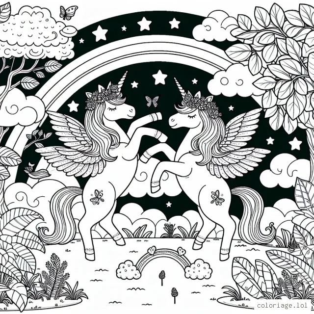 Un jardin enchanté avec des licornes dansant sous un arc-en-ciel