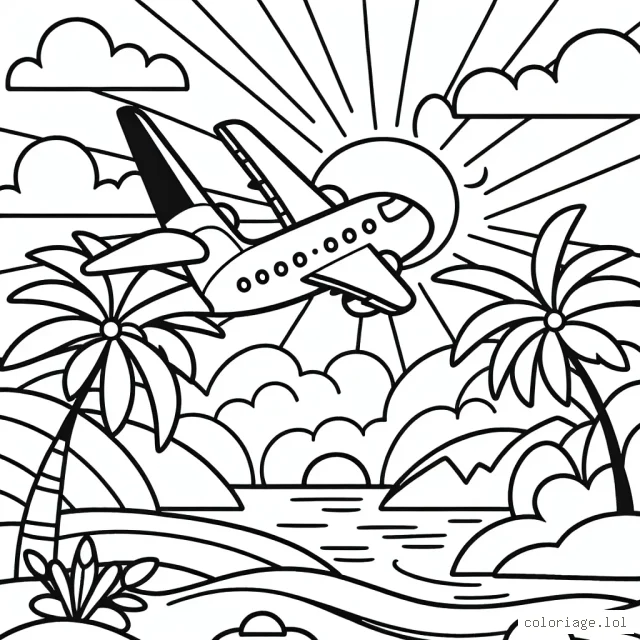 Un avion survolant des îles tropicales avec un soleil couchant en arrière-plan