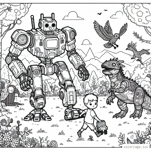 Un petit garçon joue avec son robot géant dans un parc bondé d'animaux fantastiques