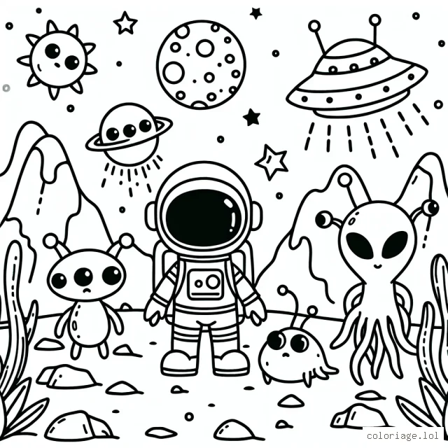 Un astronaute à l'exploration d'une nouvelle planète peuplée de créatures extraterrestres amicales