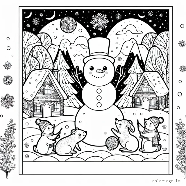 Un paysage enneigé où un groupe d'animaux de la forêt construisent un grand bonhomme de neige