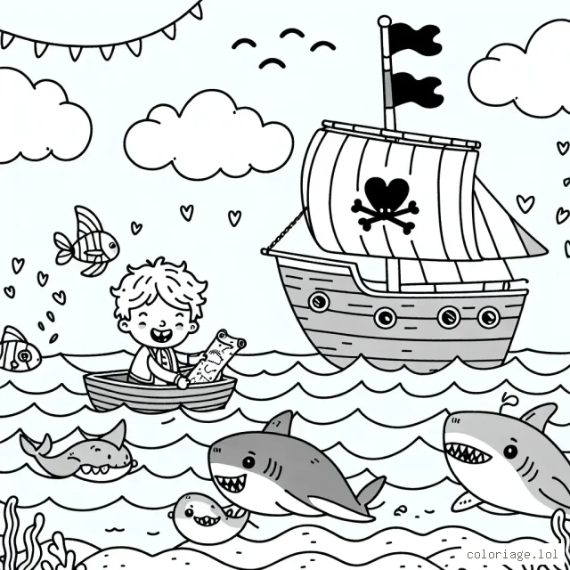 Un petit garçon intrépide navigue sur une mer houleuse dans son bateau pirate entouré de requins sympathiques. Sur le bateau, une carte au trésor s'envole avec le vent. Il y a des oiseaux joyeux volant dans le ciel.