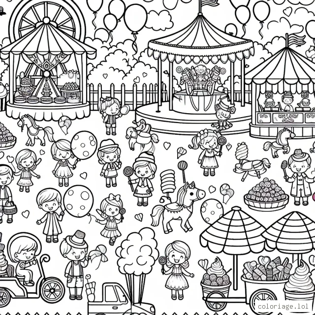 Imagine un paysage de fête foraine rempli de jeux amusants, de stands de friandises et de manèges colorés dans un après-midi ensoleillé. N'oublie pas d'inclure des personnages amusants comme des enfants qui jouent, des vendeurs de barbe à papa et même des ballons de toutes les formes et tailles!