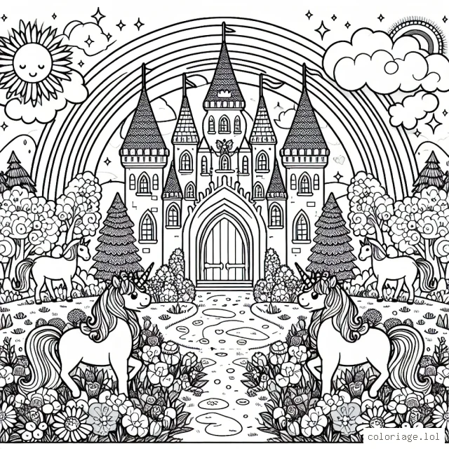 Imagine un magnifique palais de princesse situé dans un royaume enchanté où vivent des licornes et des fées. Autour du palais se trouvent de magnifiques jardins remplis de fleurs colorées. Dans le ciel, il y a un grand arc-en-ciel et un soleil radieux qui brille.