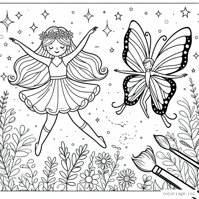 Une fée danse gracieusement au milieu des étoiles scintillantes avec son meilleur ami, le papillon