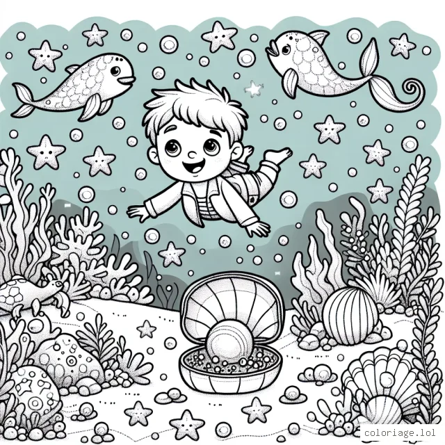 Imagine le monde fascinant de la vie sous-marine! Tu peux colorier un petit garçon courageux qui plonge au fond de l'océan, entouré de magnifiques créatures marines, d'une perle cachée dans une coquille et d'un trésor enfoui.