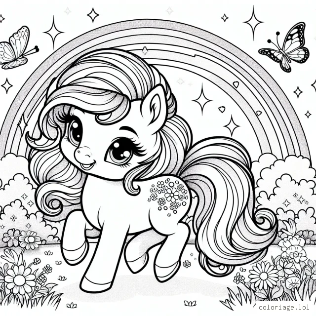 Un adorable petit poney féerique danse joyeusement dans une prairie scintillante, entourée par un arc-en-ciel, de jolies fleurs et de papillons magiques. Il a une crinière et une queue luxuriantes, colorées et brillantes. Pouvez-vous lui donner vie avec vos belles couleurs?